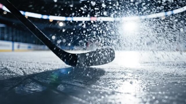 Hockey stick hits ice, splashing water droplets in a frozen arena during a competitive game from a close-up viewpoint