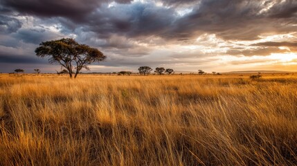 Obraz premium Dramatic African Savanna Landscape with Golden Grass and Acacia Trees at Sunset