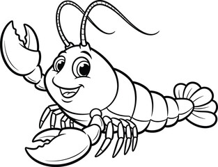 Cute cartoon lobster line art illustration, smiling sea animal outline drawing, kids coloring page design, marine life, white background