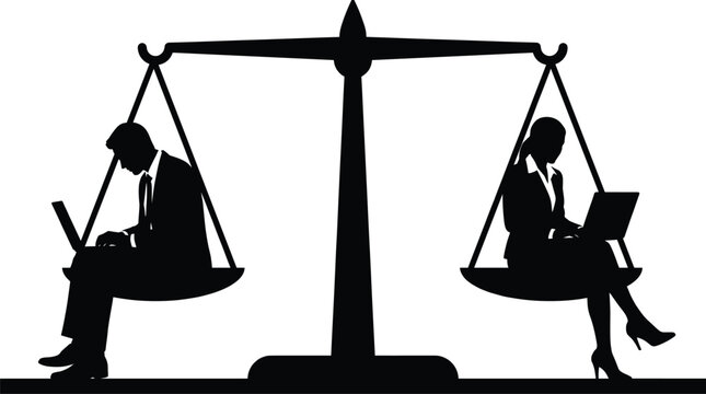 Balanced scale icon with male and female professionals on laptops symbolizing workplace equality and gender parity in design content