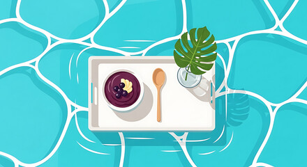 Floating Breakfast Tray with Acai Bowl in Swimming Pool Water