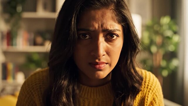 Woman's face close-up, expression of anger.  Dark hair, yellow sweater. Indoors, blurred background