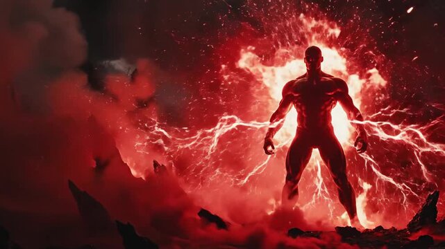 A man stands amidst a fiery storm with lightning illuminating the dark landscape