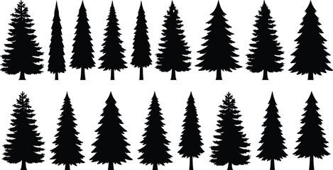 Fototapeta premium Silhouette set of 18 pine tree icons with varied shapes and foliage for forestry, nature, and botanical design content