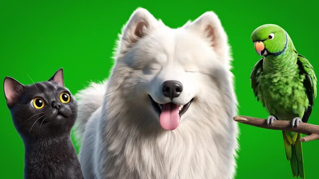A smiling dog, black cat and green parrot on a branch against a solid green background