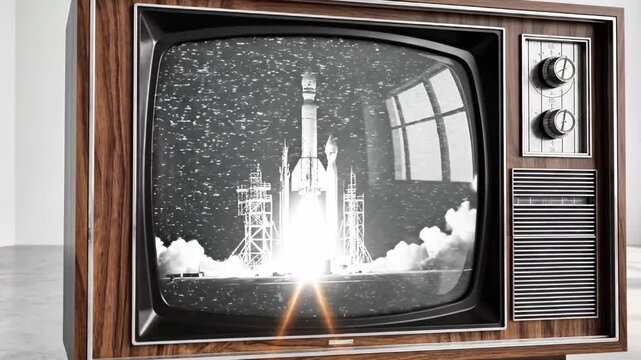 An old television set displaying a rocket launch in black and white
