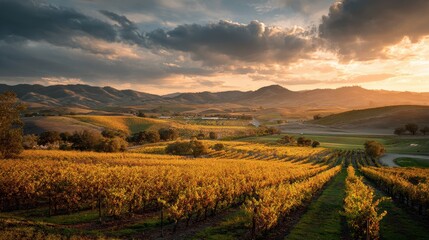 Fototapeta premium Golden Autumn Vineyard Rows Bathed in Dramatic Sunset Light over Rolling Hills