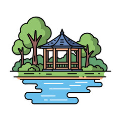 Obraz premium A serene gazebo by a tranquil lake surrounded by lush greenery