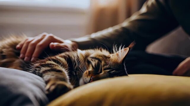 hand petting tabby cat on cozy sofa bathed in warm sunlight, longhair tabby purring while owner gently strokes fur, soft cushion and window light create intimate, peaceful living