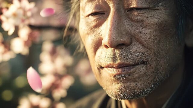Whispers of Serenity: An elder, his eyes holding a lifetime of stories, stands amidst delicate cherry blossoms. Petals dance in the soft breeze.