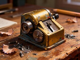 Vintage golden pencil sharpener with wood shavings scattered across rustic wooden desk under warm studio light