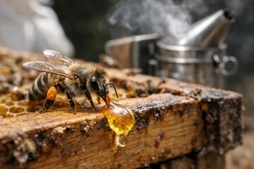 Honeybee collecting golden honey droplet on wooden hive frame near beekeeping equipment under natural light
