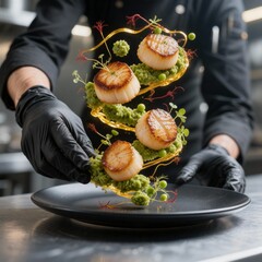 Chef Plating Seared Scallops with Green Mash & Microgreens &ndash; High-end Fine Dining Presentation