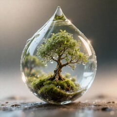 Miniature bonsai tree thriving inside transparent water droplet globe, symbolizing nature conservation and sustainability