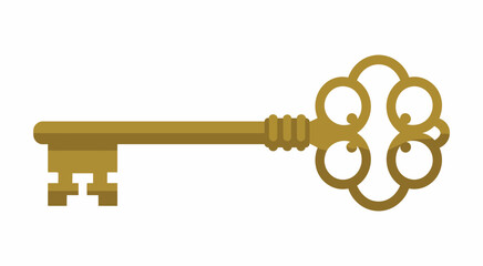 Obraz premium Ornate golden key isolated on stark white background, symbolizing access, mystery, opportunity, and potential solutions, featuring elegant decorative design and luxurious conceptual illustration style