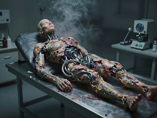 Cybernetic Human Anatomy Model On Medical Table With Steam Rising In Lab Setting