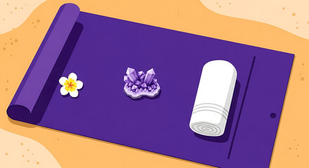 Yoga Mat with Amethyst Crystal and Flower on Beach Sand Illustration