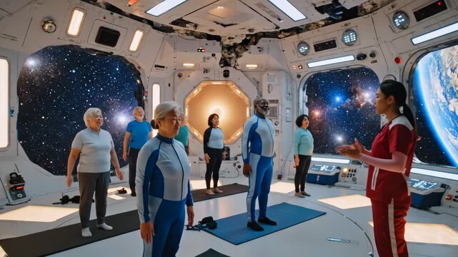 older adults practicing yoga in station cabin, instructor guiding stretching and breathing, mats aligned near panoramic viewport, calm mindful energy, low gravity adaptation