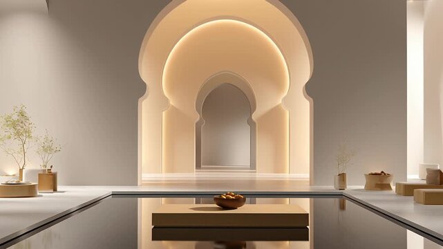 A large room with a pool and a white wall. Timeless islamic cultural heritage concept, tradition meets modern minimalism, warm neutral colors, soft illumination, clean visual storytelling