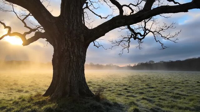 Weathered solitary tree in misty field with sprawling gnarled branches reaching skyward
