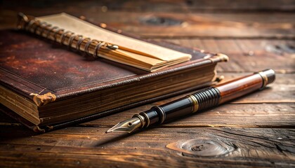 Vintage Fountain Pen Resting on an Old Book on a Wooden Table.