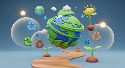 Fototapeta premium Cartoon Earth with leaves and sun for National Green Week