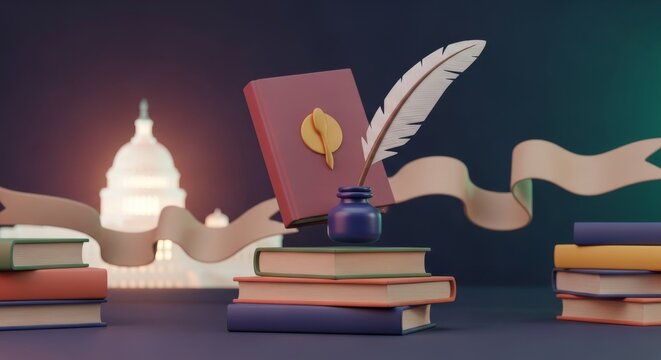 Susan B. Anthony Day 3D illustration with books and ink