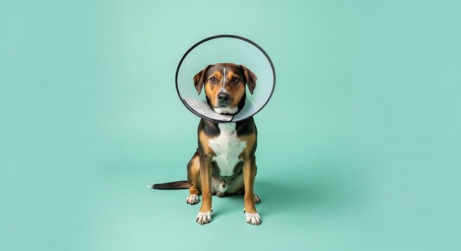 Relaxed dog wearing a veterinary cone collar