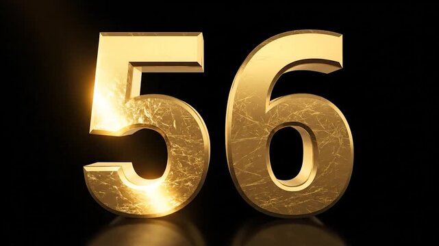 A golden number "56" in a high-contrast image against a black backdrop, with a glow effect