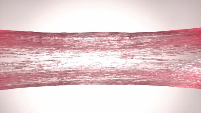 Hand stretching a red transparent gooey substance horizontally against a white background