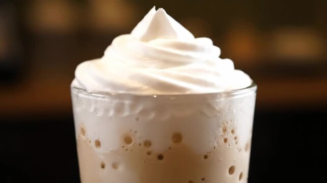 Extreme Close-Up of Delicious Iced Coffee Frappe Topped with Thick Whipped Cream in a Glass, Highlighting Texture and Sweet Indulgence