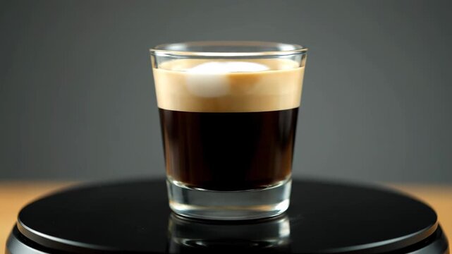 Delicious layered espresso coffee shot with crema and milk foam served in a clear glass tumbler against a clean studio background.