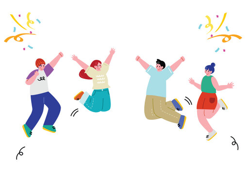 ジャンプして喜ぶ男女のイラスト