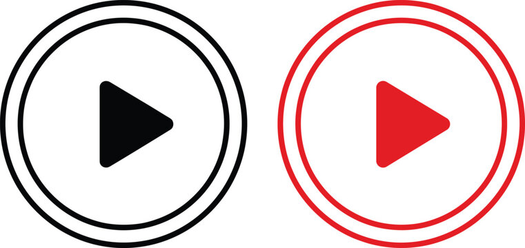 Play button icon set vector illustration in black and red circular styles for media players, video apps, and interfaces