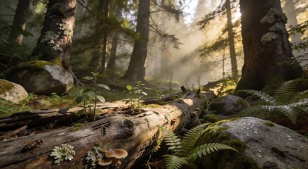 Sunlight filters through forest trees, illuminating fallen log surrounded by ferns and rocks in a serene woodland scene