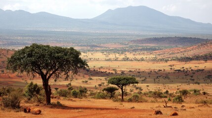 Sun-drenched savanna plains stretching to the distant mountains under a hazy sky