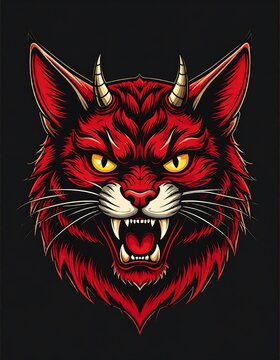 Illustration of a fiery red feline with devilish horns, sharp fangs, and piercing yellow eyes