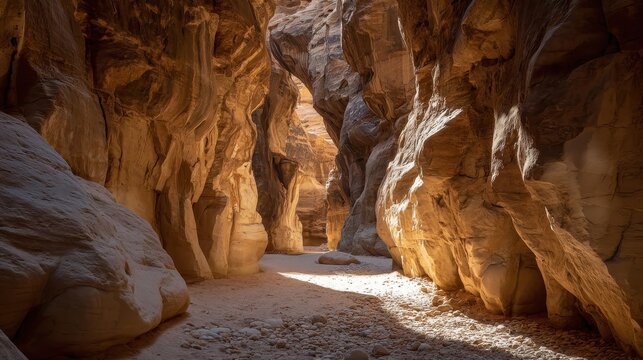 Sunlight illuminates a narrow slot canyon, revealing towering sandstone walls, intricate rock formations, and a sandy, rocky desert floor.