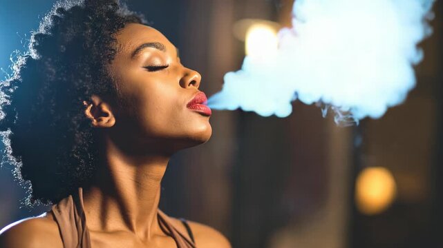 Young woman exhaling a cloud of smoke with eyes closed and lips parted