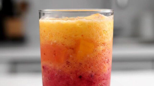 Close-up of Vibrant Layered Fruit Smoothie in Glass. Healthy Tropical Mango and Berry Refreshing Detox Beverage.