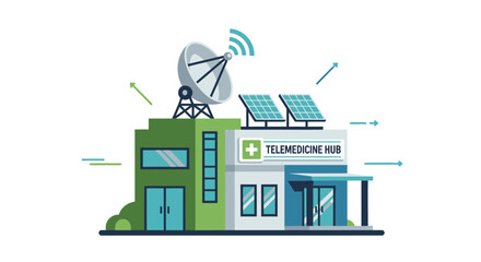 Obraz premium This renewable energy facility illustration showcases a modern utility building equipped with solar panels, satellite communication dishes, and advanced technological infrastructure. The artwork repre