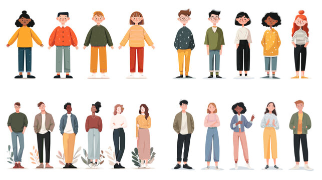 Flat style cartoon people characters showing diversity outfits and poses. Friendly modern illustrations ideal for social media education apps presentations and design projects.