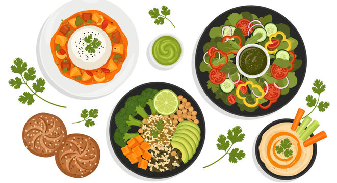 A vibrant top-down vector illustration of a healthy vegetarian feast, featuring a quinoa Buddha bowl, spicy curry with rice, fresh garden salad, seeded bread rolls, and creamy hummus with crudit&eacute;s