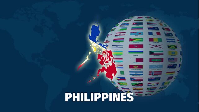 Philippines map animation with globe background and text on blue background