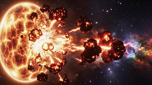 Explosive asteroids hurtling through space near a fiery celestial body in a cosmic landscape