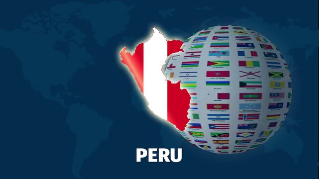 Peru map, 4k animation on blue background with globe background
