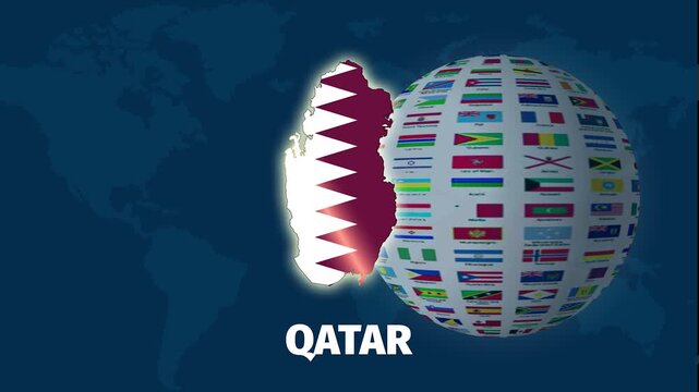 Qatar map, 4k animation on blue background, elegant video with globe background