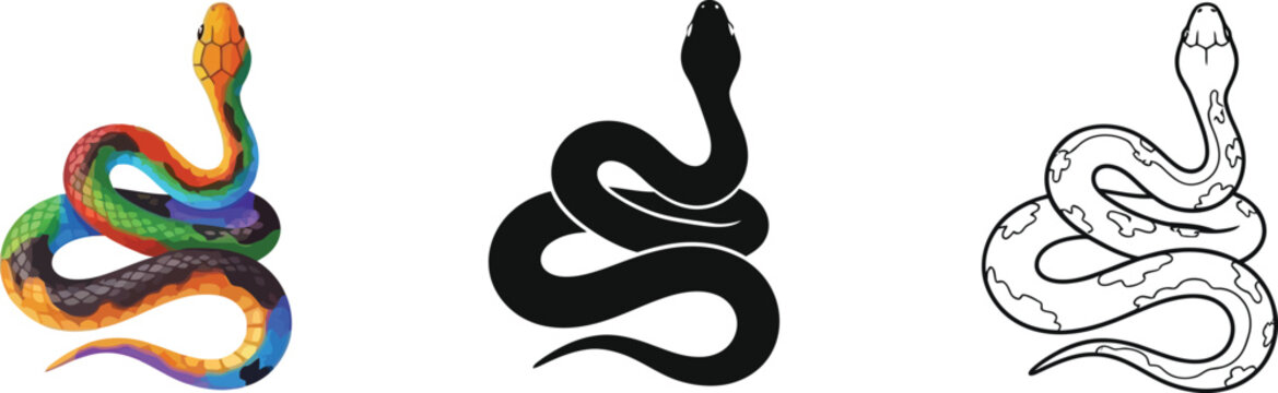 Collection of three distinct coiled snake icons featuring a vibrant colorful illustration a solid silhouette and a detailed black outline design variation