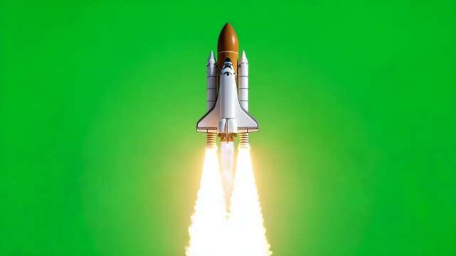 Space shuttle launch with bright flames against a green screen background