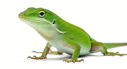 Fototapeta premium High-resolution green lizard isolated on a solid white background, clean cutout for websites, presentations, education, advertising, and digital design.